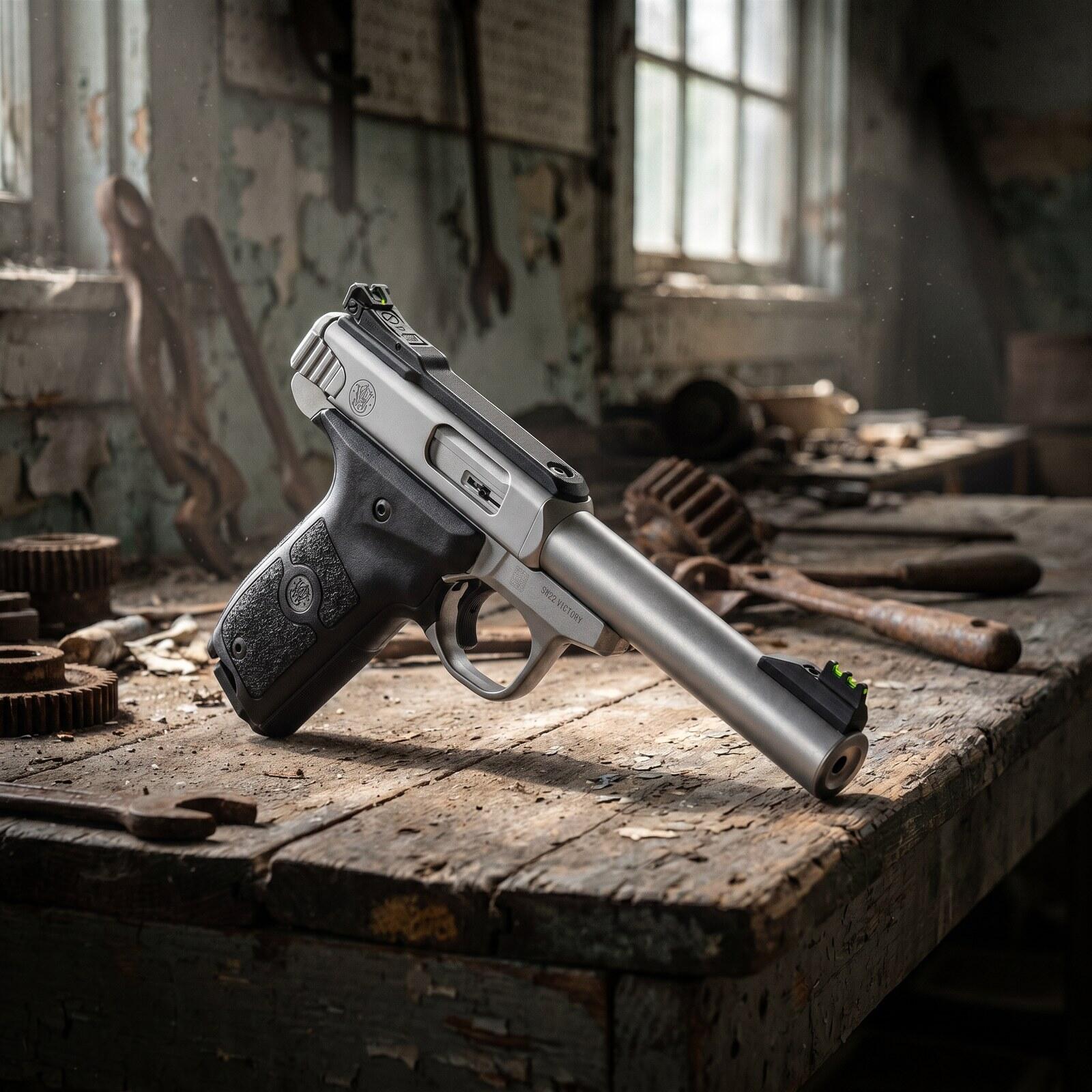 Smith & Wesson SW22 Victory pistol on a workshop bench