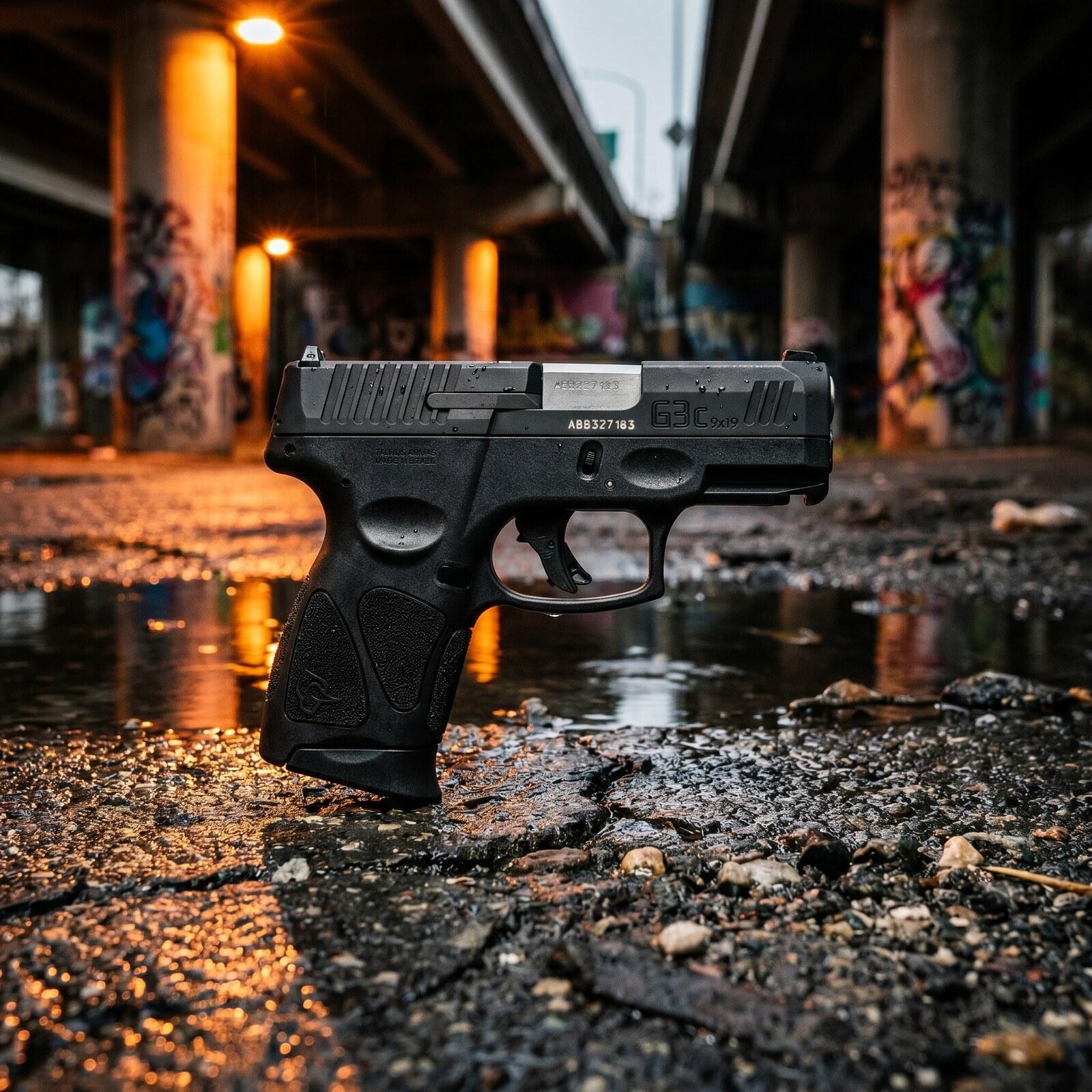 Taurus G3C Review (2026): 500 Round Test of the Cheapest 9mm Worth Carrying 8 Taurus G3C pistol under a graffiti highway underpass