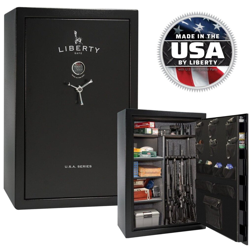 Liberty USA Series 48 gun safe shown closed and open, with the fire and certification labels on the inside edge of the door