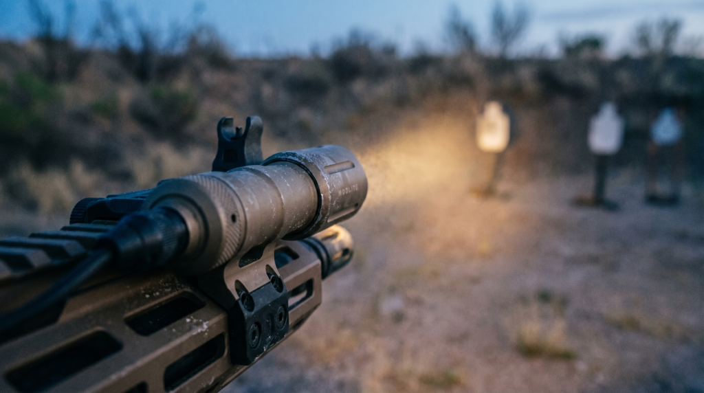 Best Weapon Lights in 2026: Pistol & Rifle Picks Tested 29 Modlite OKW 18650 throw-optimized rifle weapon light on FDE AR-15