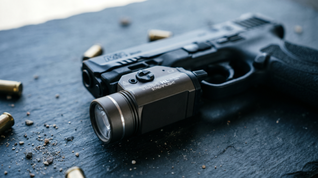 Best Weapon Lights in 2026: Pistol & Rifle Picks Tested 22 Streamlight TLR-1 HL full-size pistol weapon light on Smith Wesson M&P
