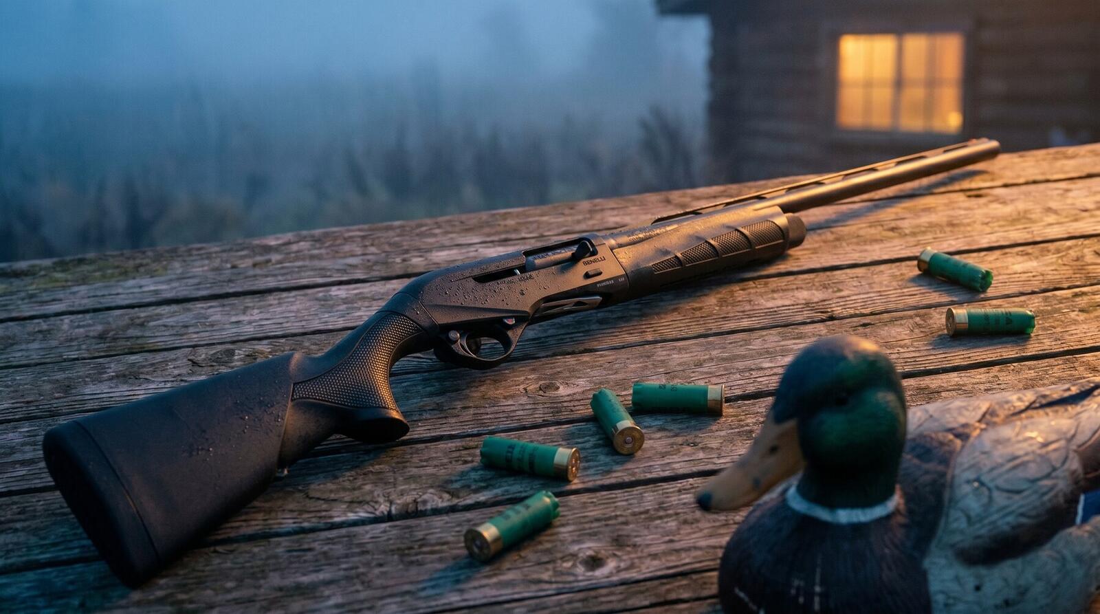 Benelli M2 Field 12 gauge inertia-driven semi-automatic shotgun on weathered cedar duck blind floor at dawn with scattered green 12-gauge waterfowl shells and wooden mallard decoy in misty blue ambient with warm cabin window light