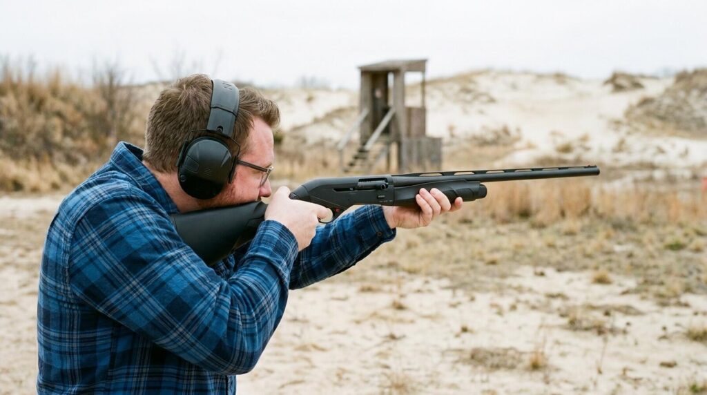 Benelli M2 Review (2026): 500 Round Test of the Inertia-Driven Legend 14 Shooter in plaid shirt and ear pro shouldering the Benelli M2 Field 12 gauge shotgun at an outdoor sporting clays range with sand berm and distant trap house in cool overcast morning light