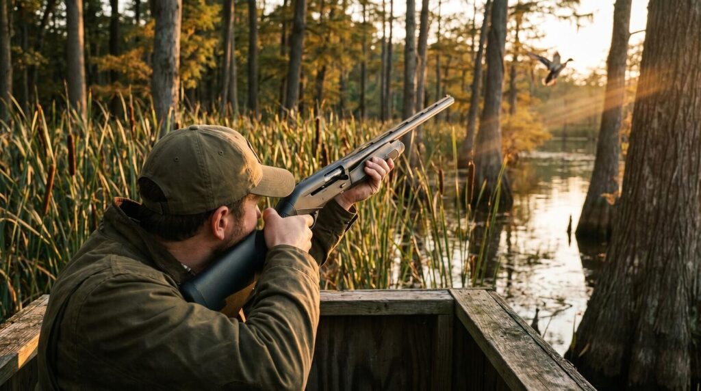Benelli M2 Review (2026): 500 Round Test of the Inertia-Driven Legend 15 Shooter in olive green waterfowl jacket kneeling at a flooded timber duck blind mounting the Benelli M2 Field 12 gauge toward an incoming duck in dappled late afternoon golden side light