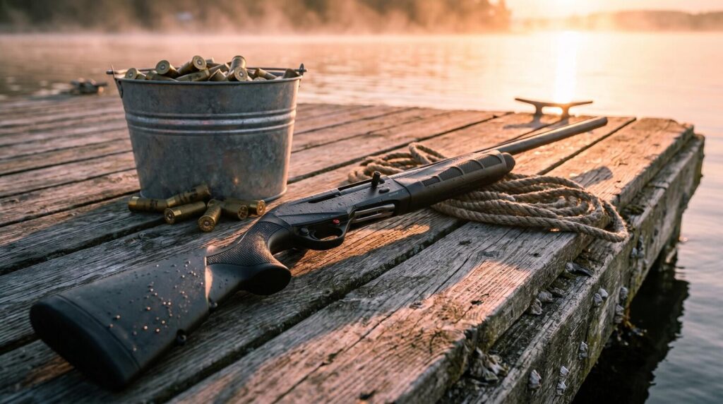 Benelli M2 Field 12 gauge semi-automatic shotgun on weathered grey wooden boat dock at sunrise with coiled rope and galvanized bucket with brass-base 12 gauge waterfowl shells in warm golden-pink dawn side light