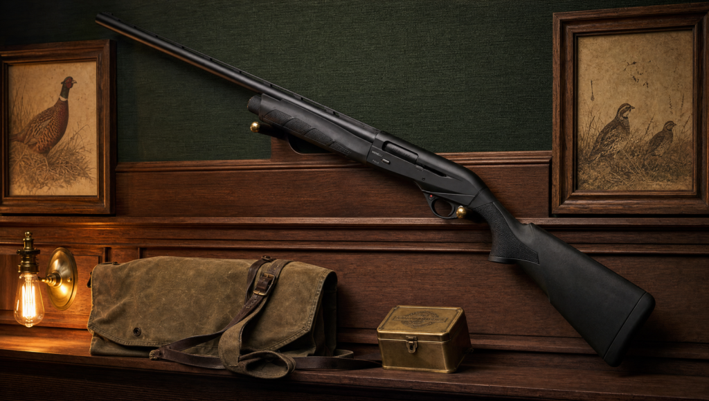 Benelli M2 Review (2026): 500 Round Test of the Inertia-Driven Legend 2 Benelli M2 Field shotgun with black synthetic stock displayed on a wood-paneled gun room rack against dark green wallpaper, vintage pheasant and quail upland prints framed in walnut, waxed-canvas hunting bag and brass cartridge box on a shelf, warm tungsten lamp light