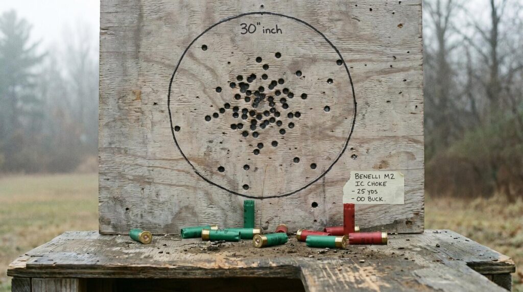 Benelli M2 Review (2026): 500 Round Test of the Inertia-Driven Legend 16 Wooden shotgun pattern board with handwritten Benelli M2 IC choke 25 yards 00 buck annotation showing dense buckshot pattern inside a 30-inch circle with scattered spent 12-gauge hulls in cool overcast outdoor daylight