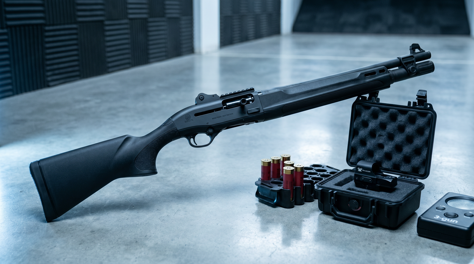 Benelli M4 vs Beretta 1301: The Ultimate Tactical Semi-Auto Showdown 8 Cinematic editorial photograph of black Beretta 1301 Tactical 12-gauge shotgun with fixed synthetic stock and 18.5-inch barrel staged on polished concrete competition shooting bay floor with 3-gun shell caddy of red shells, Vortex Razor red dot in foam case and 3-gun timer under cool overhead LED lighting on acoustic-foam wall background