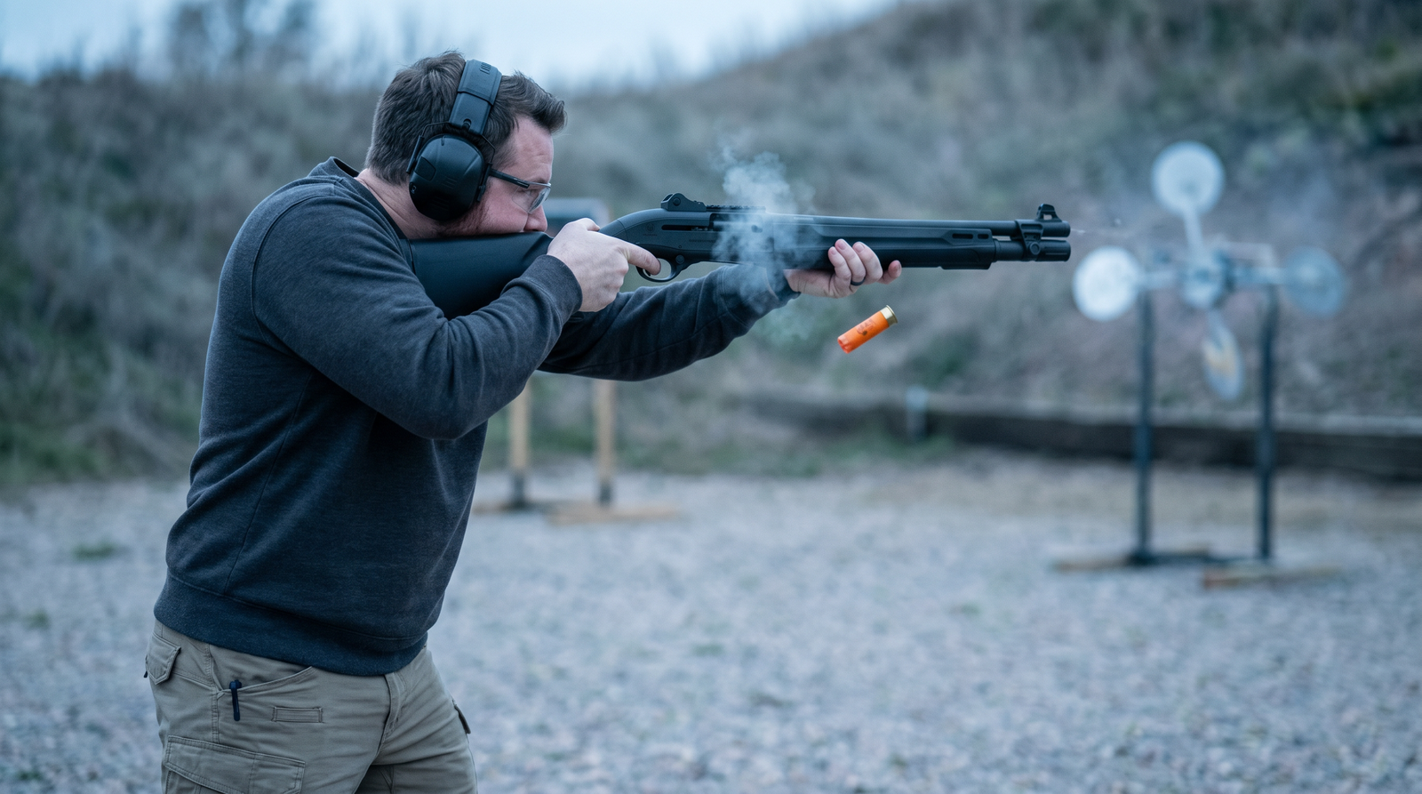 Benelli M4 vs Beretta 1301: The Ultimate Tactical Semi-Auto Showdown 9 Cinematic photograph of shooter in charcoal sweatshirt and tan tactical pants running a Beretta 1301 Tactical 12-gauge shotgun fast at outdoor 3-gun competition stage with bright orange empty shotgun hull frozen mid-air ejecting from the receiver demonstrating BLINK action cycling speed against steel poppers and overcast cool blue-grey sky