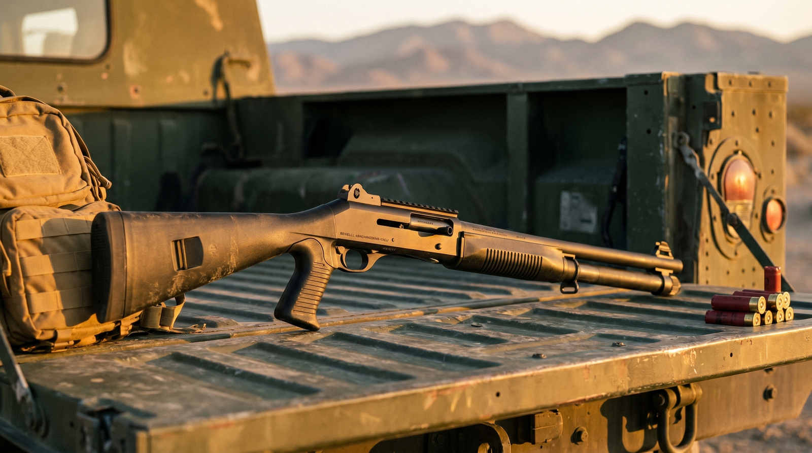 Benelli M4 vs Beretta 1301: The Ultimate Tactical Semi-Auto Showdown 7 Cinematic editorial photograph of black Benelli M4 Tactical 12-gauge shotgun with pistol-grip stock, ghost ring sights and 18.5-inch barrel laid across olive-drab military Humvee tailgate at golden hour with sand-colored backpack and 12-gauge shells visible against distant desert range backdrop