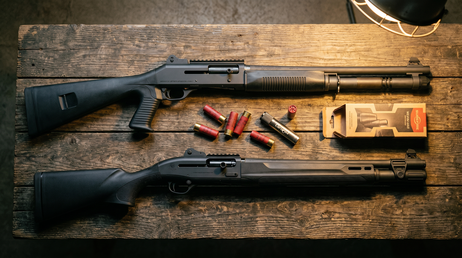 Benelli M4 vs Beretta 1301: The Ultimate Tactical Semi-Auto Showdown 6 Top-down flat-lay editorial product photograph of black Benelli M4 Tactical with pistol grip stock above black Beretta 1301 Tactical with fixed synthetic stock on weathered wooden bench with scattered red 12-gauge shells, brass Carlson's choke wrench and ammunition box between them under warm tungsten work-lamp side-light