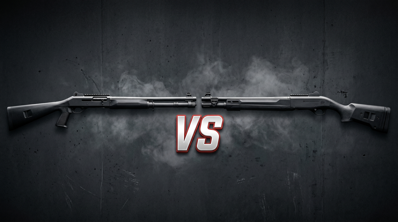 Editorial head-to-head versus composite of two tactical 12-gauge semi-auto shotguns facing each other — Benelli M4 with pistol grip stock on the left and Beretta 1301 Tactical with fixed synthetic stock on the right — with a large stylized red and white embossed VS graphic between the muzzles on a dark charcoal grey concrete background with smoke wisps drifting between the guns