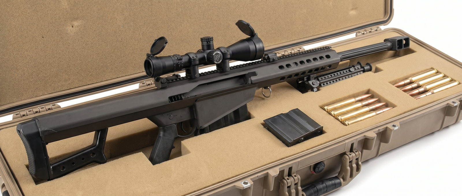 Barrett M82A1 Review (2026): Shooting the Most Famous .50 Cal in the World 10 Barrett M82A1 three-quarter rear with Nightforce ATACR scope and .50 BMG cartridges in tactical hard case