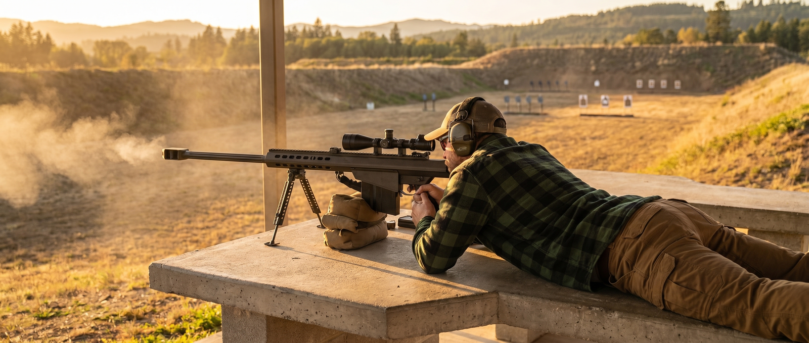Barrett M82A1 Review (2026): Shooting the Most Famous .50 Cal in the World 14 Shooter prone behind Barrett M82A1 at 1000-yard long-range bench with muzzle smoke