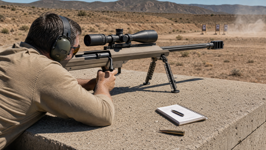 Barrett M99 Review (2026): The Affordable Barrett 50 BMG 3 Shooter prone behind a Barrett M99 50 BMG on a concrete shooting bench at an outdoor range