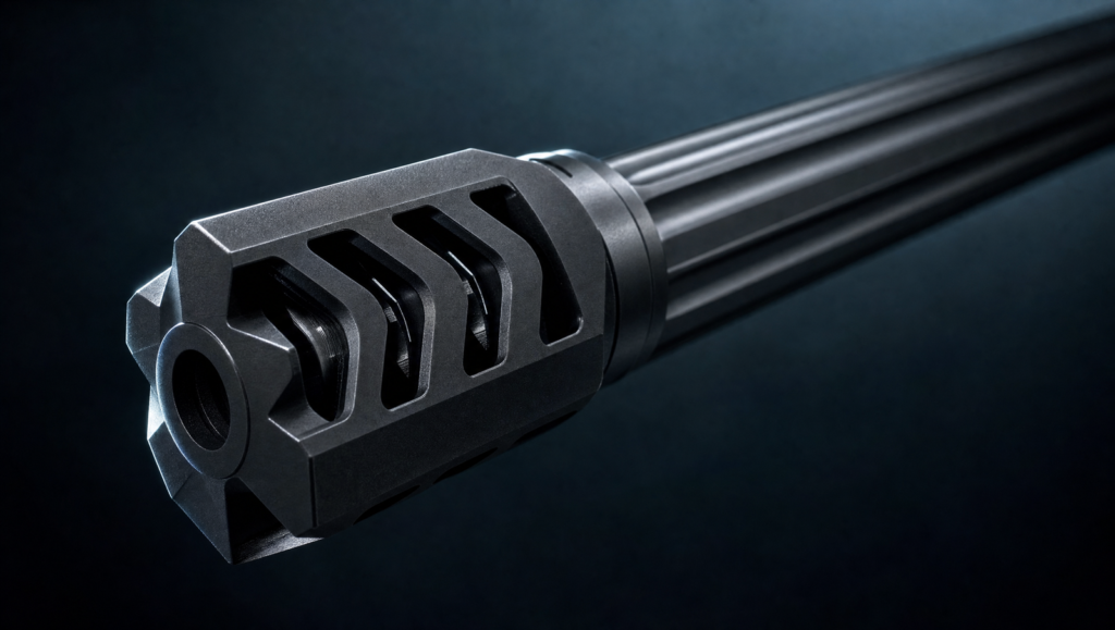 Barrett M99 Review (2026): The Affordable Barrett 50 BMG 12 Macro view of the Barrett M99 arrowhead muzzle brake screwed onto a fluted barrel