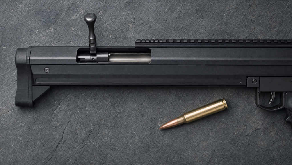 Barrett M99 Review (2026): The Affordable Barrett 50 BMG 13 Top-down view of the Barrett M99 bullpup bolt action with a single 50 BMG cartridge on slate
