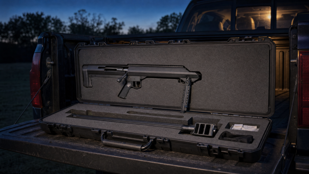 Barrett M99 Review (2026): The Affordable Barrett 50 BMG 14 Barrett M99 broken down into receiver and barrel components in a hard transport case on a pickup tailgate