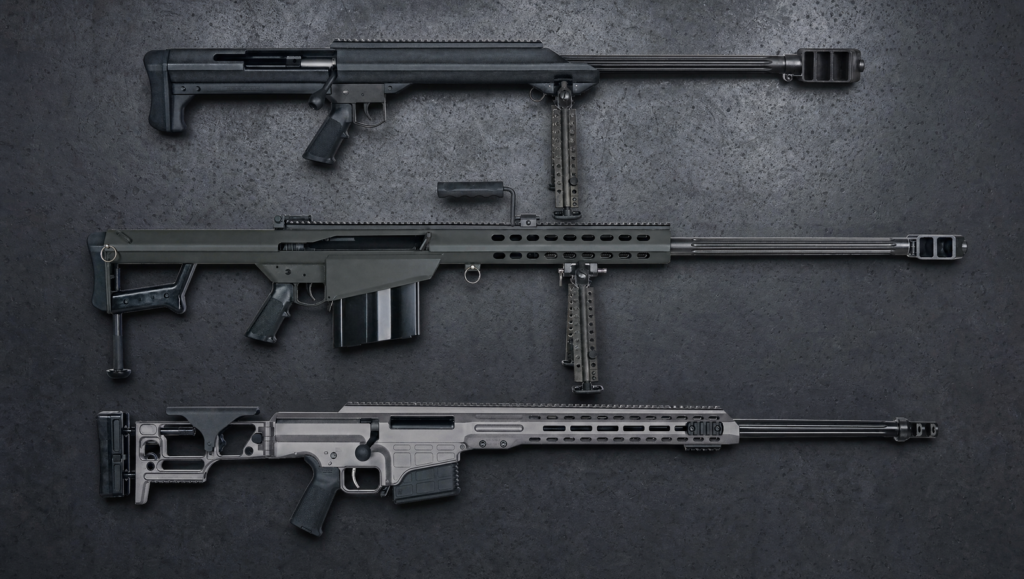 Barrett M99 Review (2026): The Affordable Barrett 50 BMG 16 Top-down comparison of the Barrett M99 next to the Barrett M82A1 and Barrett MRAD on dark concrete