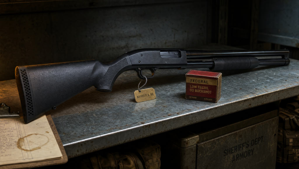 Mossberg 500 vs 590 (2026): Which Pump Shotgun Should You Actually Buy? 7 Maverick 88 Security pump shotgun on a galvanized utility shelf with low-recoil 12 gauge 00 buck shells