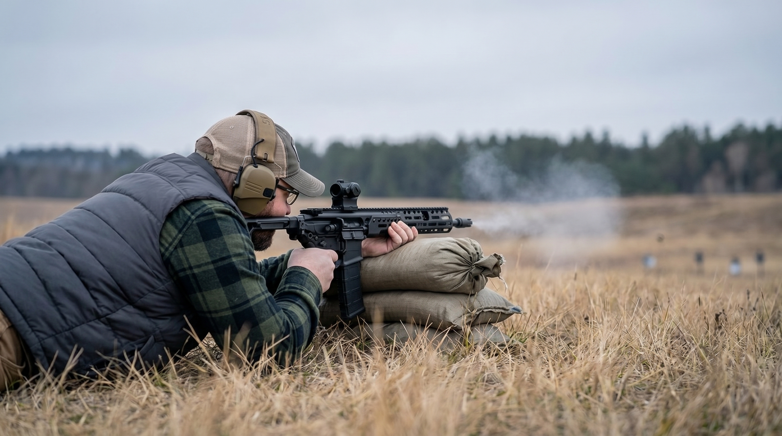 Sig MCX Spear LT Review (2026): 500 Round Test of the Next-Gen AR Alternative 5 Shooter in charcoal puffer vest over green plaid shirt prone behind sandbag rest shooting Sig MCX Spear LT 5.56 NATO at open prairie range under cool overcast grey diffused daylight with dry golden grass foreground and distant tree line