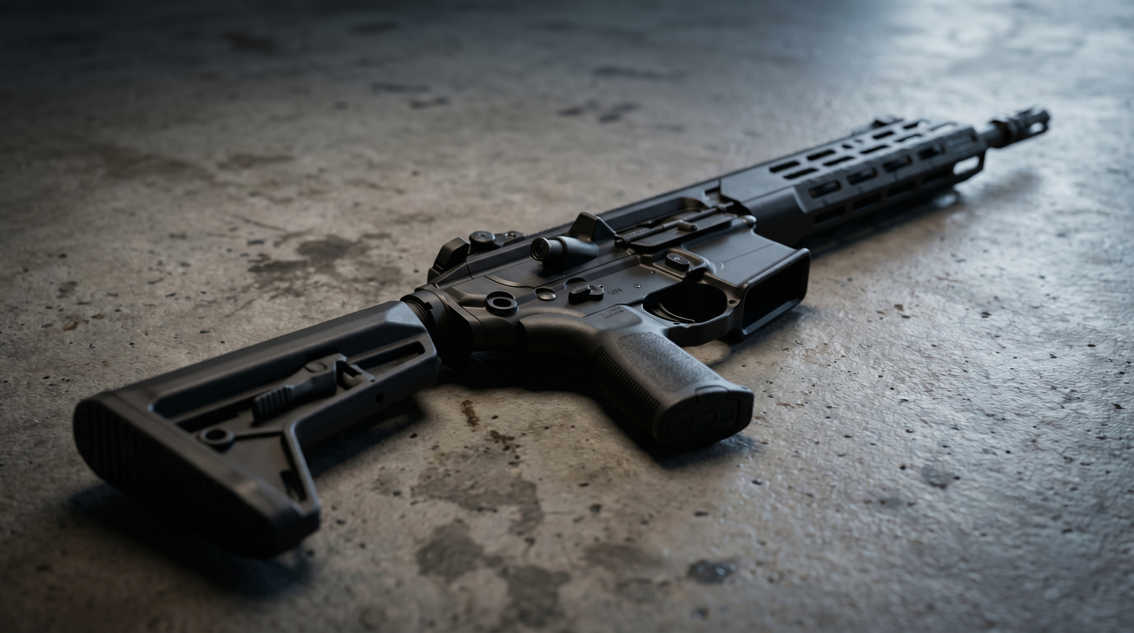 Sig MCX Spear LT Review (2026): 500 Round Test of the Next-Gen AR Alternative 3 Three-quarter rear-angle macro of Sig Sauer MCX Spear LT 5.56 NATO black rifle on raw industrial concrete warehouse floor with buttstock and ambidextrous controls in sharp foreground and M-LOK handguard receding in soft tungsten-lit defocus