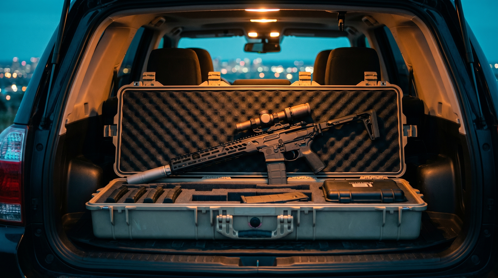 Sig MCX Spear LT Review (2026): 500 Round Test of the Next-Gen AR Alternative 7 Sig MCX Spear LT staged in open foam-lined Pelican rifle case on rear cargo deck of dark SUV at blue-hour twilight with SureFire SOCOM suppressor attached, Vortex Razor LPVO mounted on Pic rail, spare PMAGs in foam pockets, distant city skyline bokeh and warm orange dome-light accent