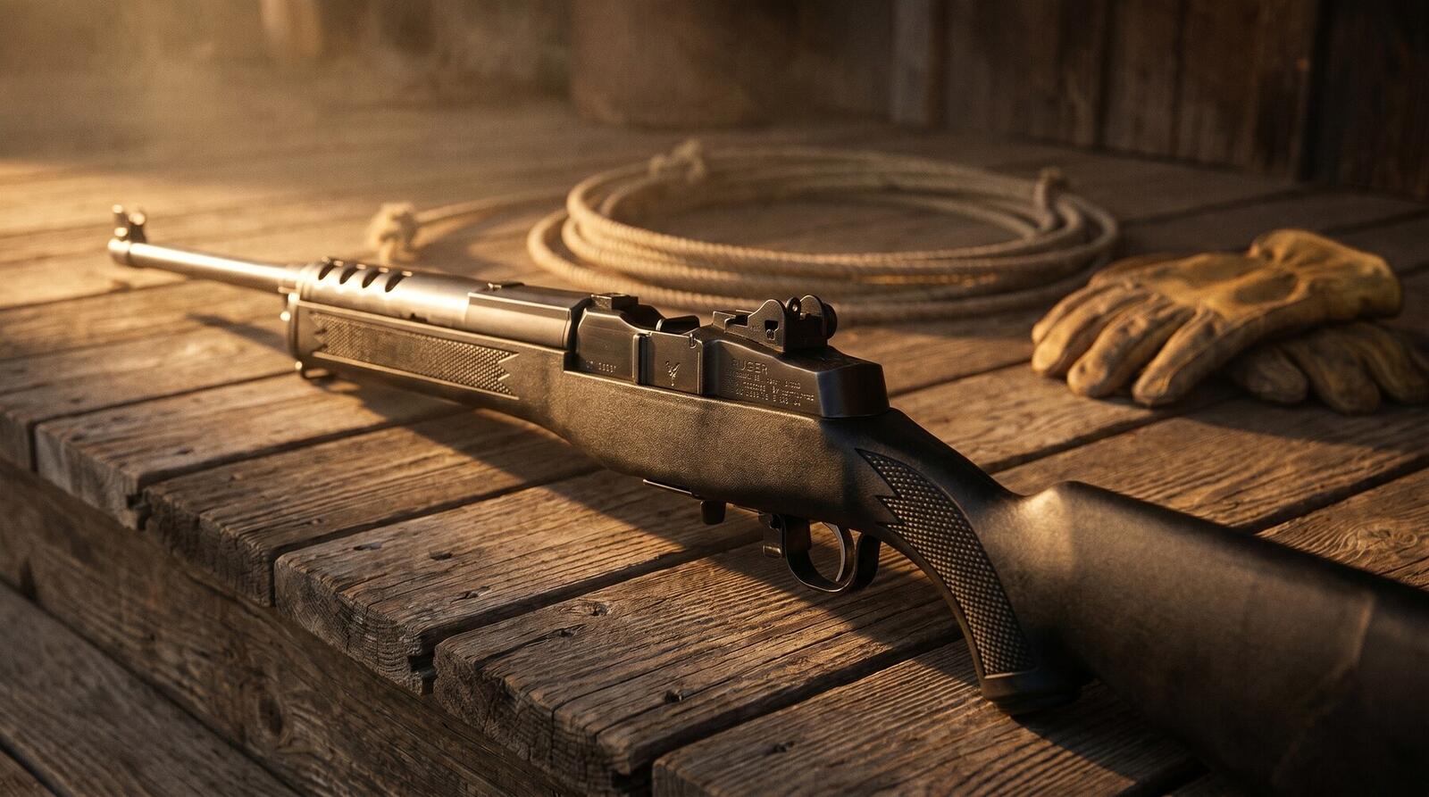 Ruger Mini-14 Review (2026): 500 Round Test of the Non-Scary AR Alternative 1 Ruger Mini-14 Ranch Rifle with synthetic black stock and blued steel receiver on weathered barn-wood ranch porch with coiled lariat and leather work-gloves in warm golden-hour rim light