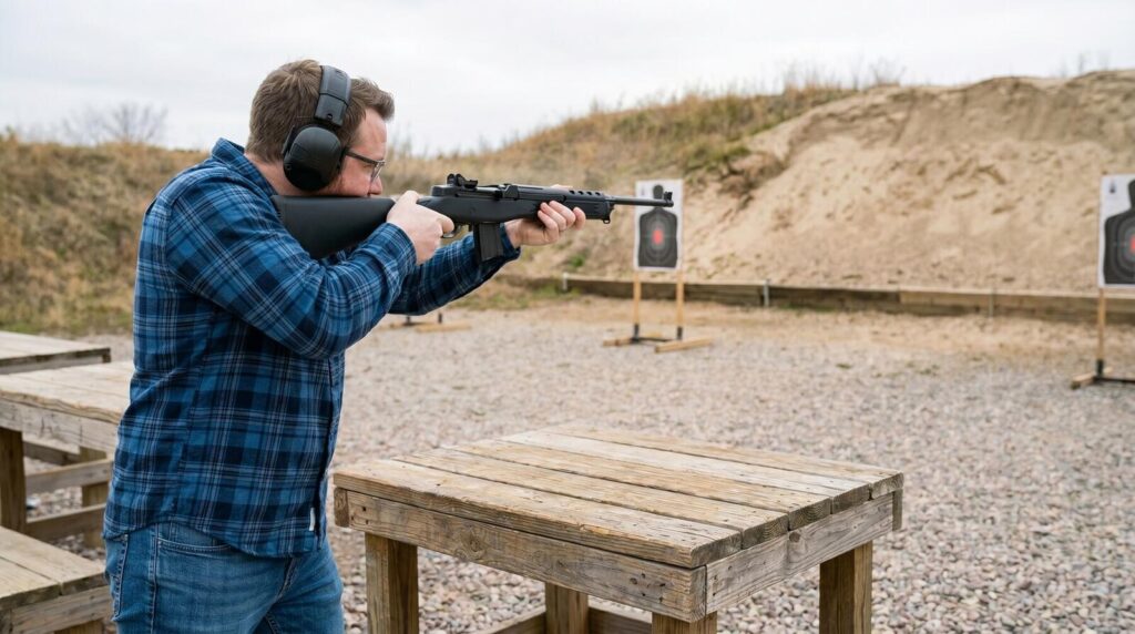 Ruger Mini-14 Review (2026): 500 Round Test of the Non-Scary AR Alternative 8 Shooter in plaid shirt and ear pro shooting the Ruger Mini-14 Ranch Rifle from a wooden bench at an outdoor gravel range with sand berm and silhouette targets in midday overcast diffused light