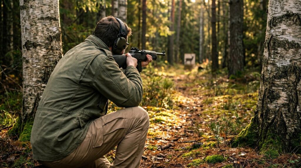 Ruger Mini-14 Review (2026): 500 Round Test of the Non-Scary AR Alternative 9 Shooter in olive field jacket kneeling on pine-needle forest floor between birch trunks aiming the Ruger Mini-14 Ranch Rifle toward a deer silhouette target in dappled late-afternoon woodland light