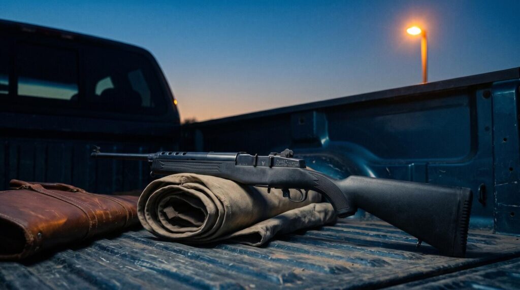 Ruger Mini-14 Review (2026): 500 Round Test of the Non-Scary AR Alternative 12 Ruger Mini-14 Ranch Rifle resting on a rolled canvas tarp in the bed of a dusty pickup truck at blue-hour dusk with cool blue sky and warm sodium-vapor camp light
