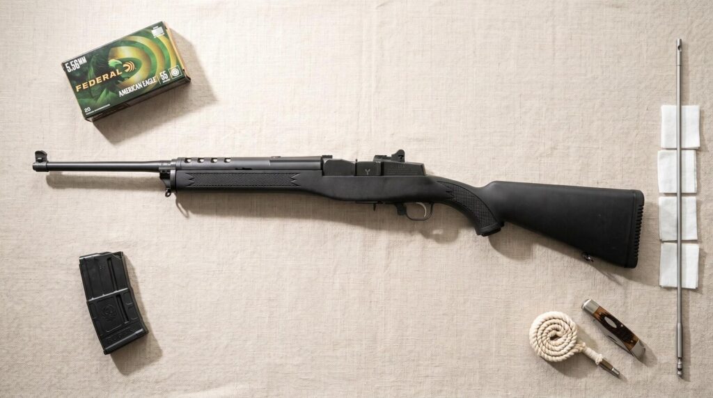 Ruger Mini-14 Review (2026): 500 Round Test of the Non-Scary AR Alternative 11 Top-down flat-lay of Ruger Mini-14 Ranch Rifle on natural linen cloth with a green box of Federal American Eagle 5.56 ammunition, a black 20-round magazine, stainless steel cleaning rod and patches, paracord lanyard, and folding pocket knife in soft morning softbox light
