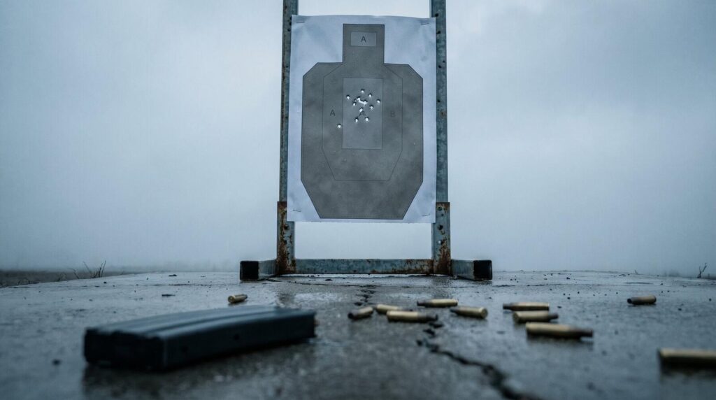 Ruger Mini-14 Review (2026): 500 Round Test of the Non-Scary AR Alternative 10 Paper IPSC silhouette target on galvanized steel stand at 100 yards showing a 3.5-inch group of .223 Remington bullet holes consistent with the Ruger Mini-14 Ranch Rifle, scattered brass cases and a 20-round magazine on weathered concrete pad in cool overcast midday light