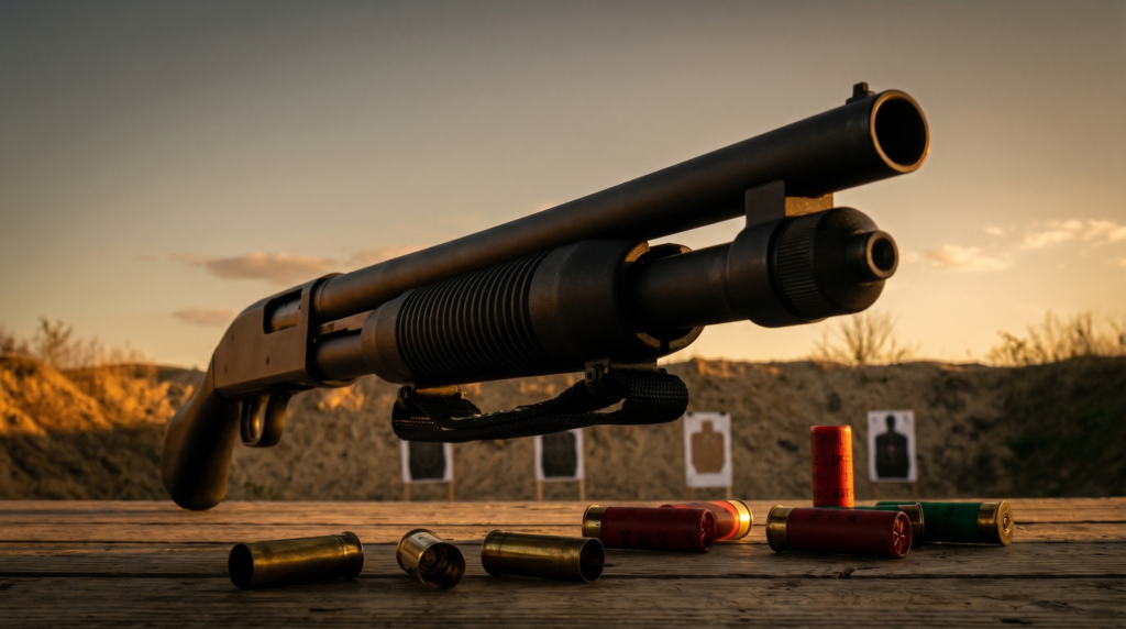 Mossberg 590 Shockwave Review (2026): 500 Round Test of the Most Fun 12 Gauge 8 Low-angle hero shot of the Mossberg 590 Shockwave on a wooden range bench with the dusk sky behind