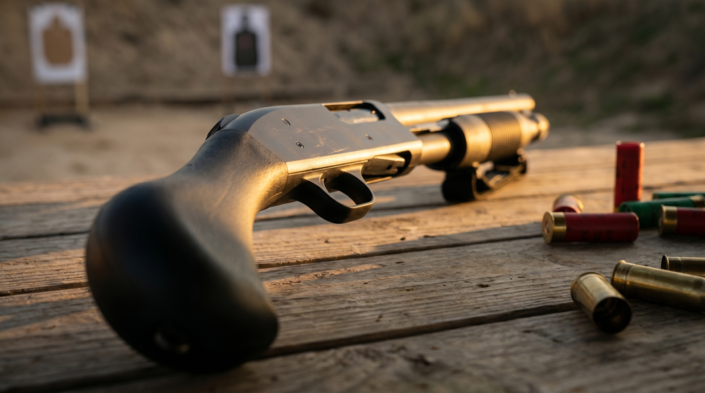 Mossberg 590 Shockwave Review (2026): 500 Round Test of the Most Fun 12 Gauge 3 Three-quarter rear view of the Mossberg 590 Shockwave looking forward from behind the Raptor grip toward the muzzle