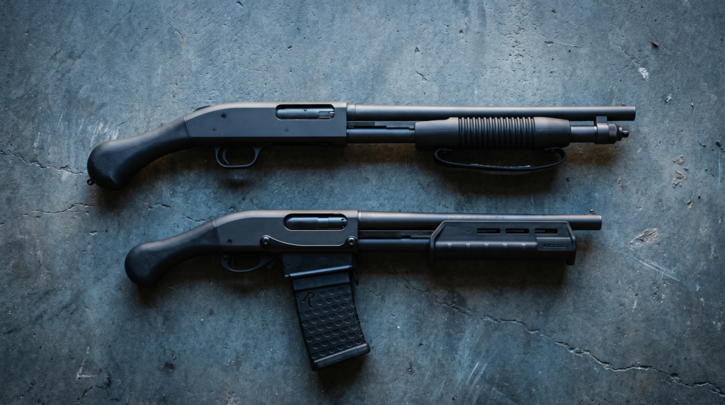 Mossberg 590 Shockwave Review (2026): 500 Round Test of the Most Fun 12 Gauge 4 Overhead flat-lay comparison of the Mossberg 590 Shockwave and Remington 870 TAC-14 DM on dark concrete