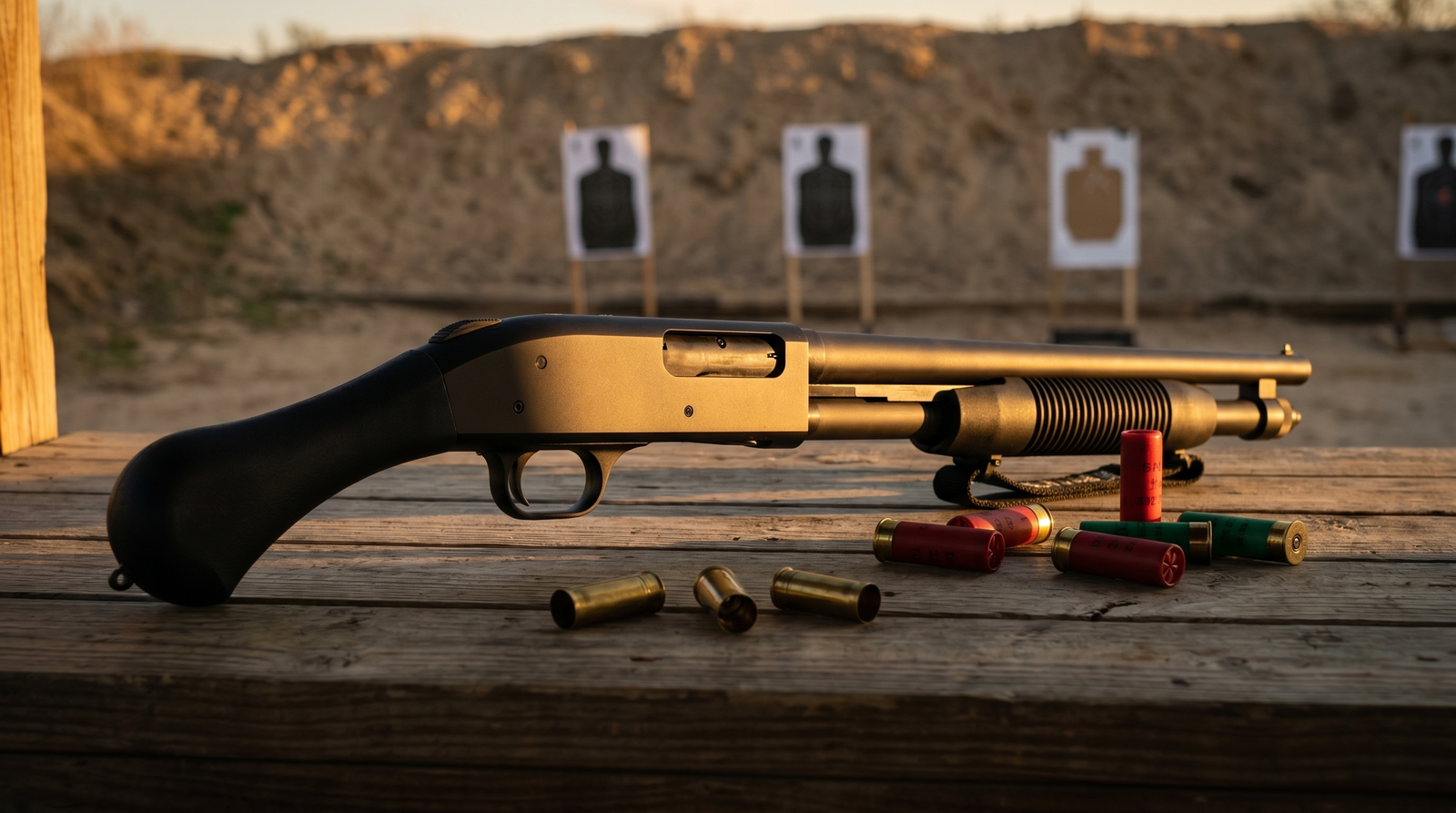 Mossberg 590 Shockwave with scattered 12 gauge shells on a wooden outdoor range bench at sunset