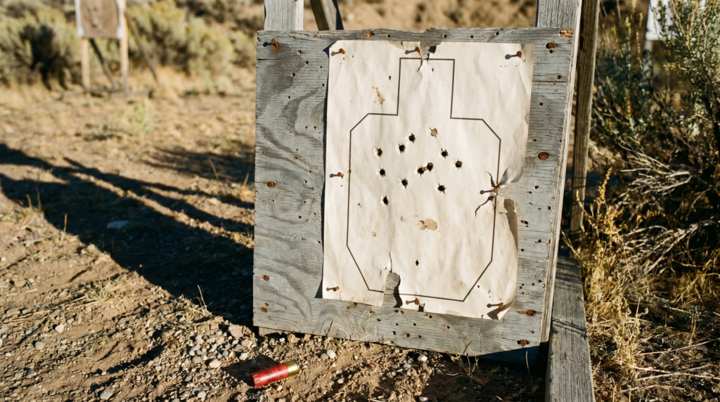 Mossberg 590 Shockwave Review (2026): 500 Round Test of the Most Fun 12 Gauge 7 00 buckshot pattern on a paper silhouette target at 7 yards from a 14 inch cylinder bore Shockwave barrel