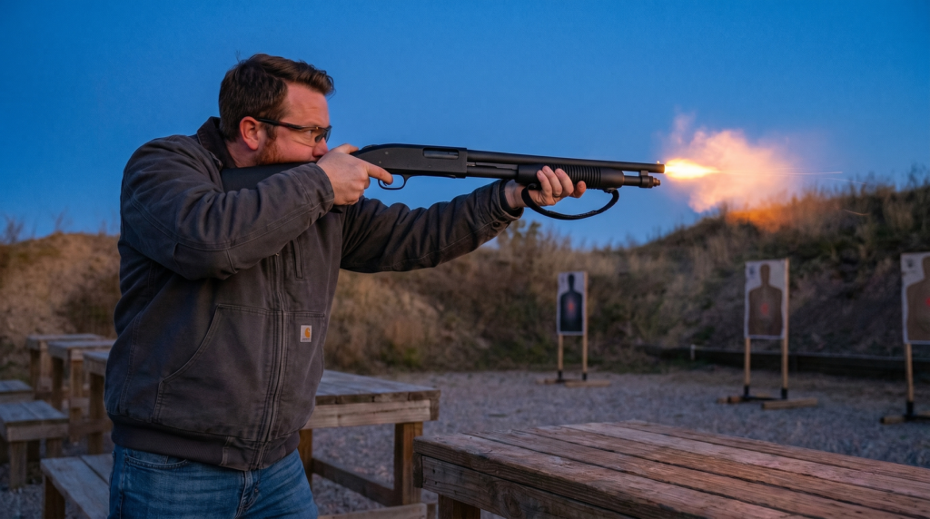 Mossberg 590 Shockwave Review (2026): 500 Round Test of the Most Fun 12 Gauge 6 Shooter in a Carhartt jacket firing the Mossberg 590 Shockwave from a chest-mount stance at blue hour with visible muzzle flash