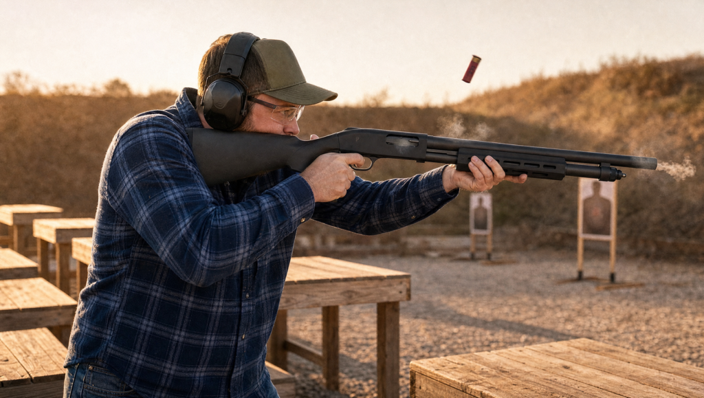 Mossberg 500 vs 590 (2026): Which Pump Shotgun Should You Actually Buy? 6 Shooter in navy flannel running the Mossberg 590A1 pump-action at an outdoor gravel range with spent shell ejecting