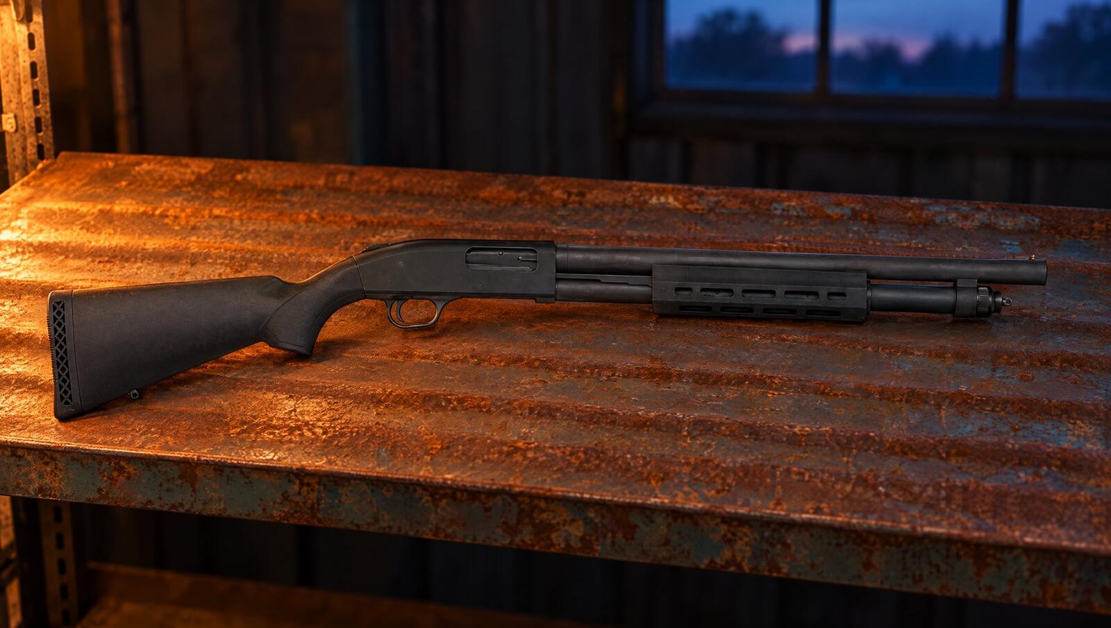 Mossberg 590A1 18.5 inch M-LOK pump shotgun on a rusty steel shelf in a garage at dusk