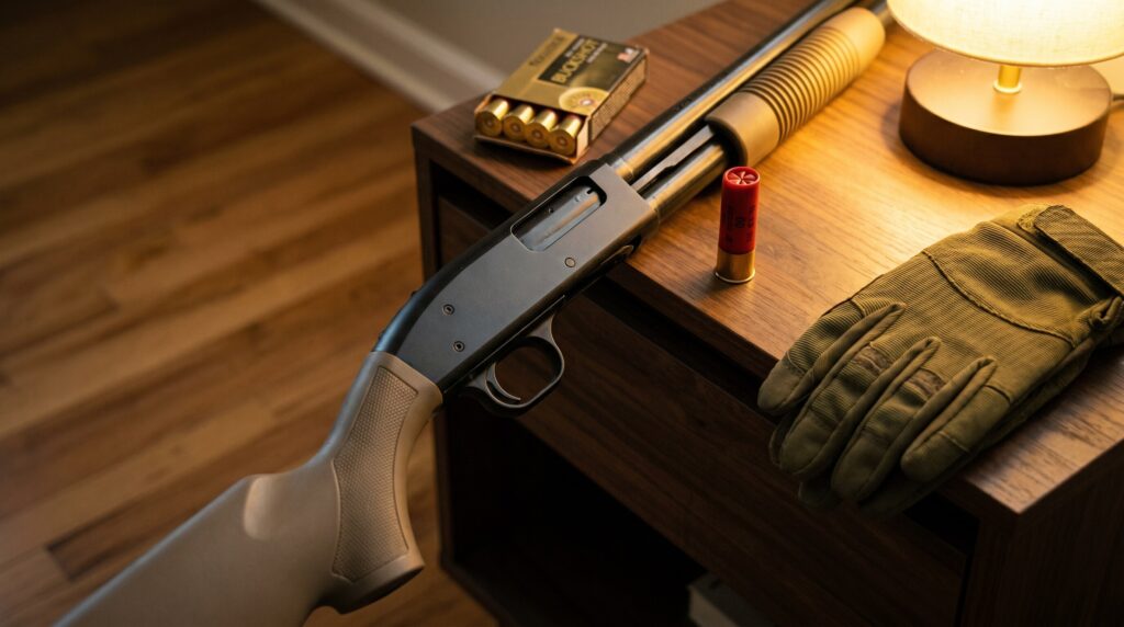 Home Defense on a Budget (2026): Complete Setup Under $1000 14 Mossberg Maverick 88 pump-action 12 gauge home defense shotgun propped against a dark walnut bedroom nightstand at night with a red 00 buckshot 12 gauge shell and brass-base Federal Power-Shok box, olive tactical glove, warm yellow bedside lamp lighting