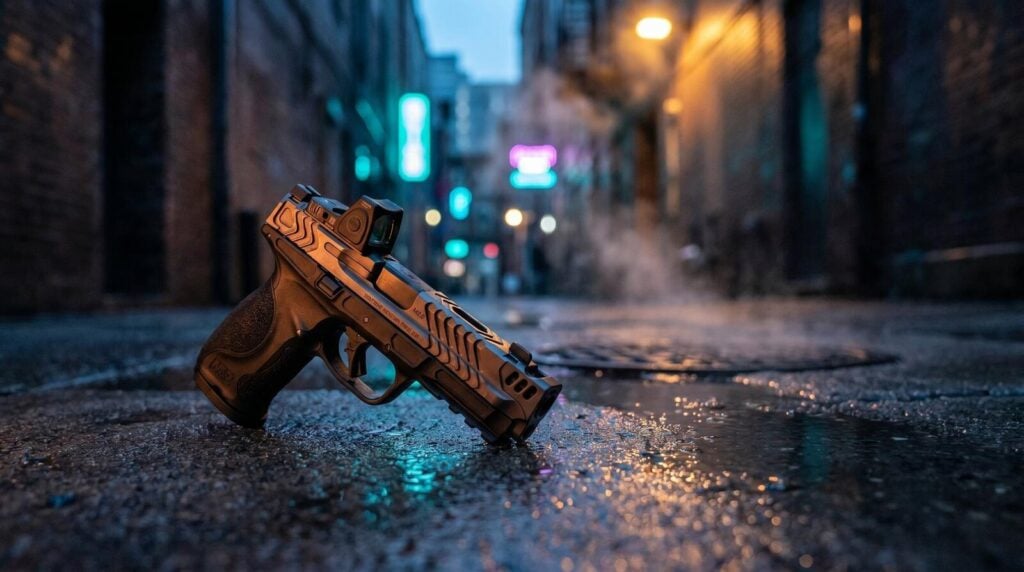 S&W M&P 9 M2.0 Full-Size Review (2026): 500 Round Test of the Duty-Grade 9mm 7 Smith and Wesson M&P 9 M2.0 Full-Size pistol on rain-wet dark concrete in an urban alley at blue-hour twilight with warm sodium-vapor street light catching the slide and distant teal and magenta neon bokeh