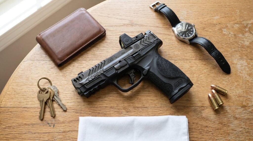 S&W M&P 9 M2.0 Full-Size Review (2026): 500 Round Test of the Duty-Grade 9mm 2 Top-down flat-lay of an everyday-carry kit on a light oak kitchen table: Smith and Wesson M&P 9 M2.0 Full-Size pistol center with a brown leather wallet, brass key ring, steel mechanical watch, folded white handkerchief and three 9mm cartridges arranged around it in soft morning window light