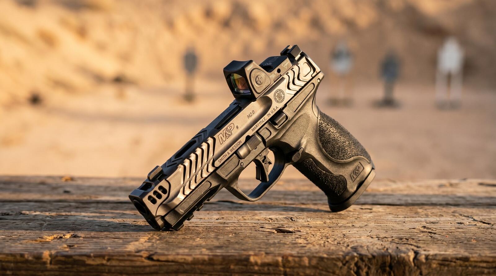 Smith and Wesson M&P 9 M2.0 Full-Size duty pistol with red dot optic on a weathered wooden shooting bench at golden hour with a desert range and target silhouettes in the background