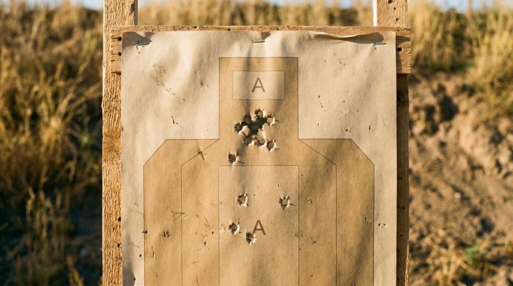 S&W M&P 9 M2.0 Full-Size Review (2026): 500 Round Test of the Duty-Grade 9mm 5 Tan IPSC silhouette paper target with a tight 6-shot group clustered in the upper A-zone and 3 more in the lower head area, consistent with a 9mm full-size pistol shot at 15 yards in late-afternoon outdoor light