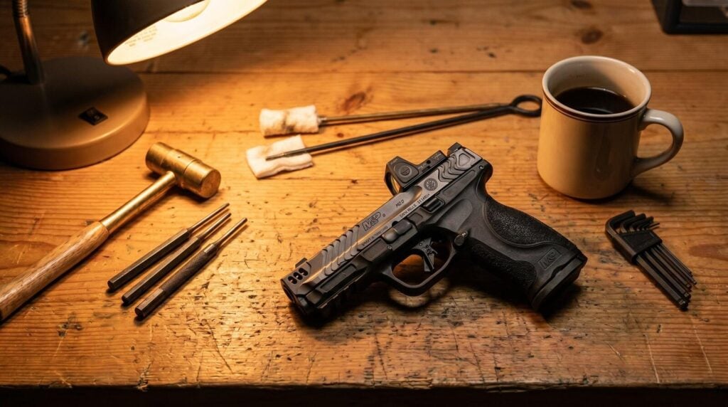 S&W M&P 9 M2.0 Full-Size Review (2026): 500 Round Test of the Duty-Grade 9mm 6 Smith and Wesson M&P 9 M2.0 Full-Size pistol on a worn pine workbench surrounded by brass mallet, steel punches, cleaning rod and a coffee mug under warm tungsten task lamp light