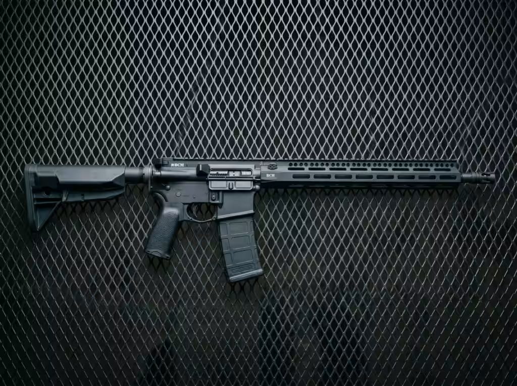 BCM RECCE-16 MK2 MCMR AR-15 rifle on dark steel diamond mesh, cool slate-grey palette, side profile showing MK2 upper receiver with rear rail extension