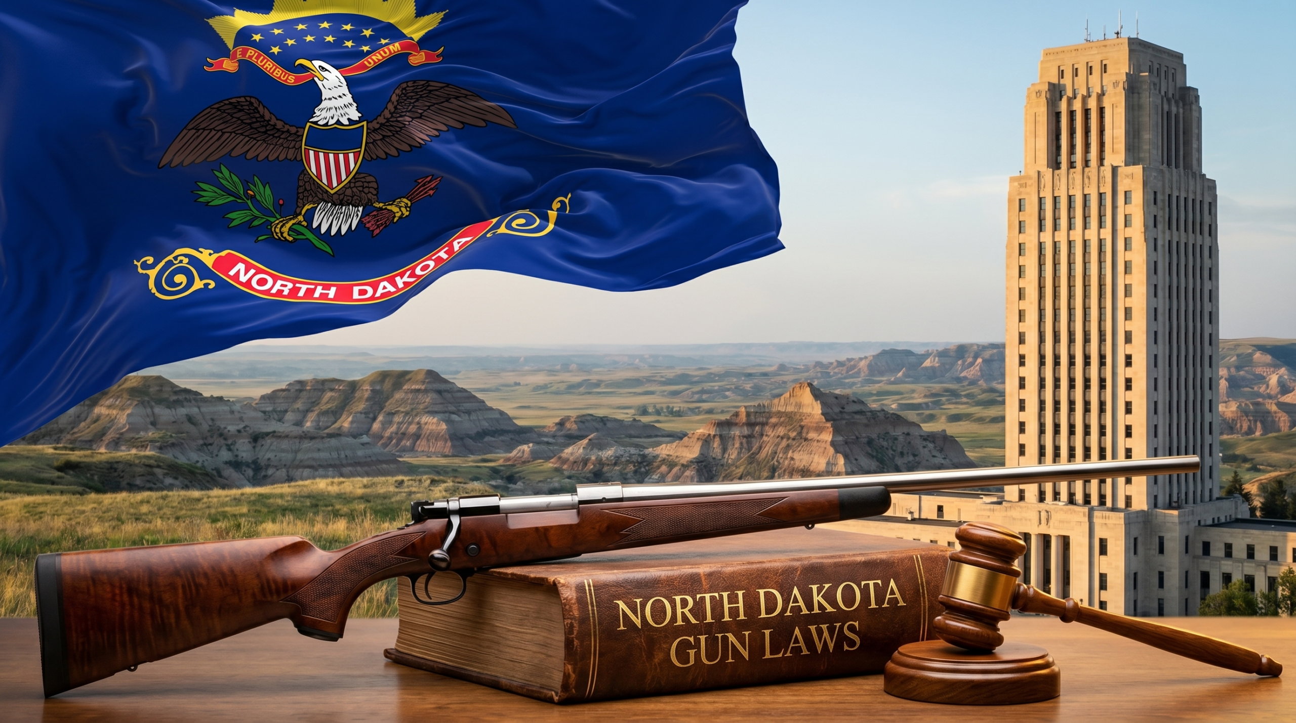 North Dakota Gun Laws (2026): Constitutional Carry, Class 1 & Class 2 CWL 6 North Dakota Gun Laws editorial composite — state flag, capitol building, landmark landscape, and law-themed gun + gavel scene