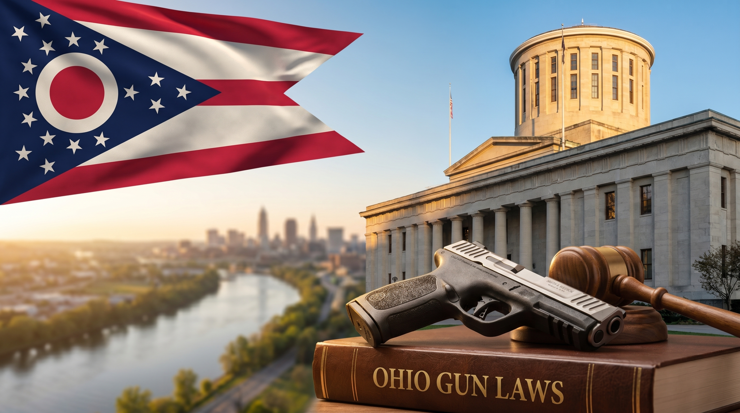 Ohio Gun Laws (2026): Constitutional Carry (SB 215), CHL & Stand Your Ground 5 Ohio Gun Laws editorial composite — state flag, capitol building, landmark landscape, and law-themed gun + gavel scene